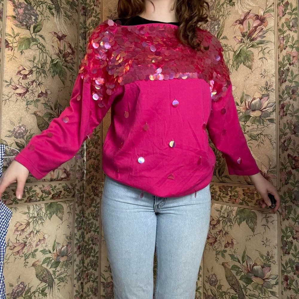 Vintage 1980s L'eau Vive Hot Pink Sequin Top Size M